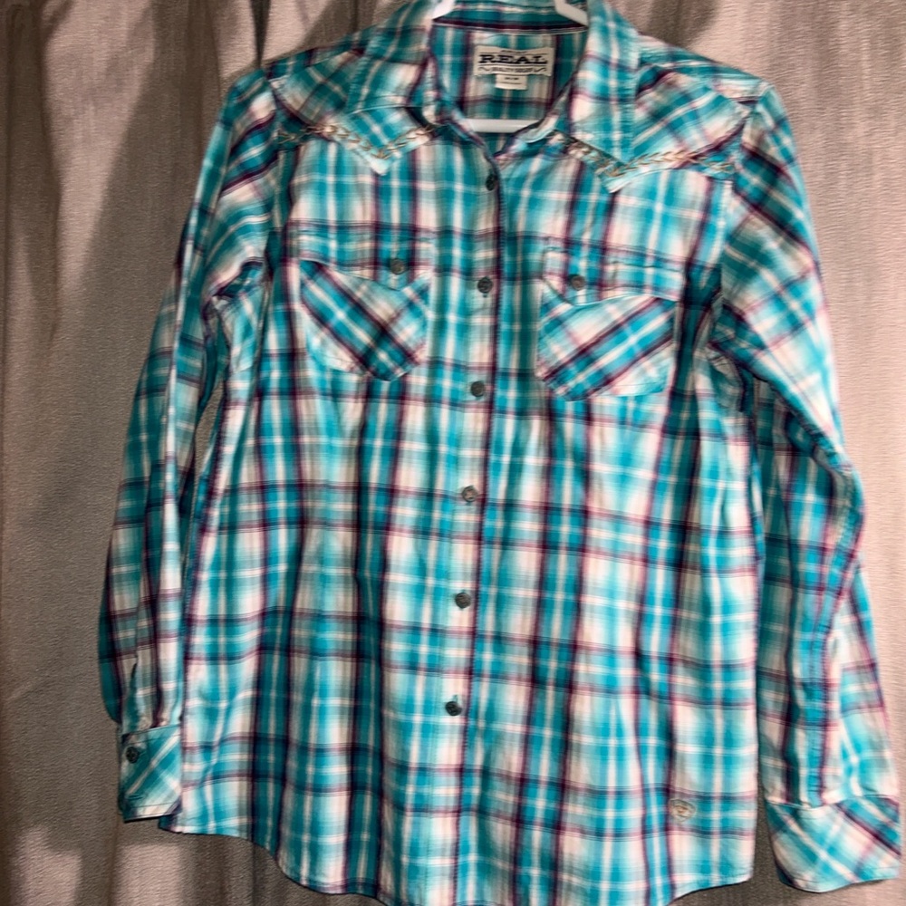 Ariat Real Western Turquoise Plaid Button-Up Shirt